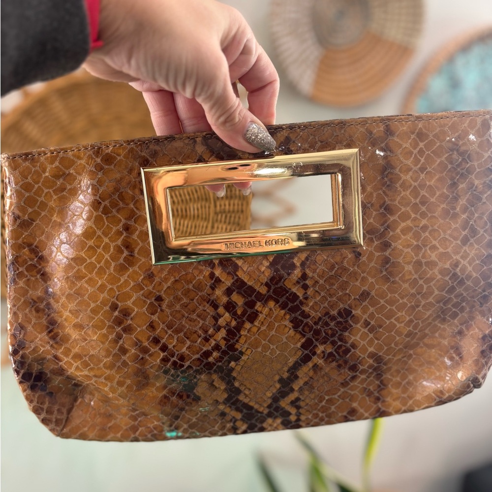 Michael Kors Tan Snake Print Clutch